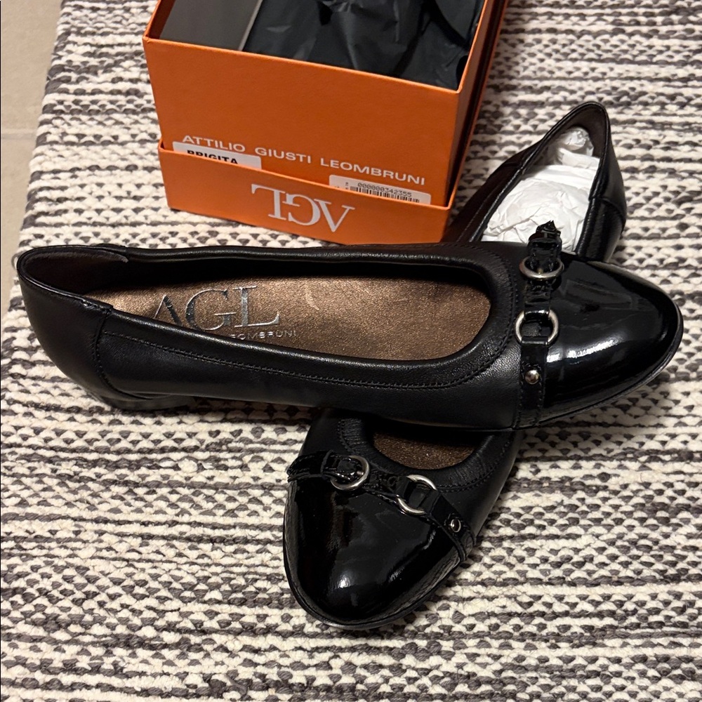 AGL Black Patent Leather Flats with Buckle Detail